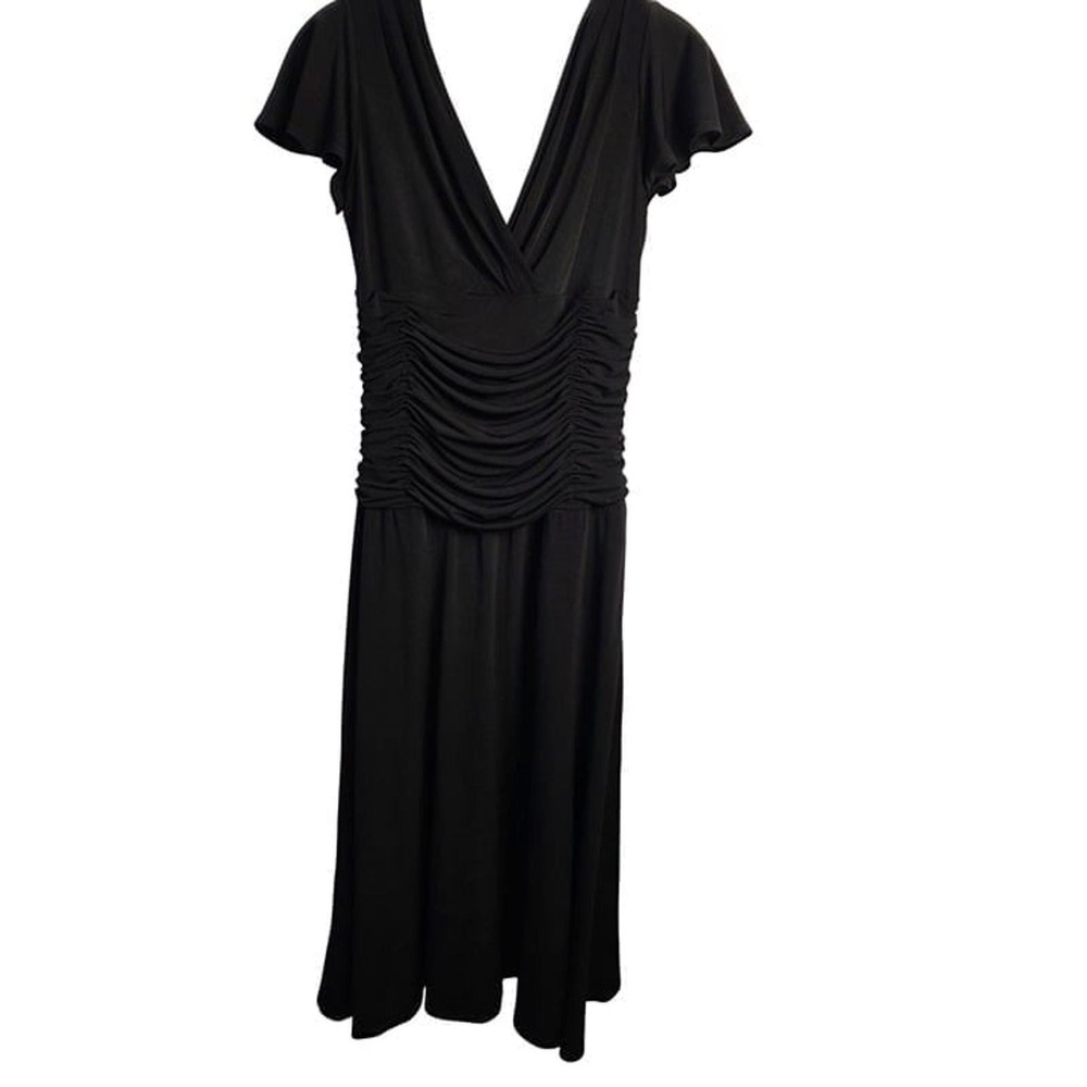 Dressbarn Black Ruched Midi Dress 4 Short Flutter Sleeves V-Neck Polyester Blen